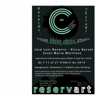 Exposicio de : José Luis Navarro - Xiscu Bernat - Jesús María Martinez, Et conviden a la inauguració de : “ RECORDS DE L’ESTUDI”  Pintures, dibuixos, esbossos,  artesania, que es farà en aquest  recinte, a les 20 hores del dia 11 d’Abril, Amb la presentació musical de Maria Rama (Cantant) i Maria Saprera (Piano),  interpretant: Trouble Coldplay. Alumnes de l'escola de música  Cal Maristany dels Hostalets de Pierola