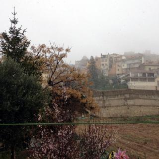 Pla general d'Horta de Sant Joan, a la Terra Alta, quan ha començat a nevar. En primer pla, un ametller florit.