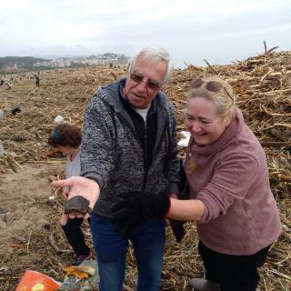 Dos voluntaris que ajudaven a netejar la platja d'Arenys de Mar troben una tortuga entre les restes del temporal