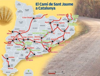Senyalització urbana on s'inclou els pelegrins en el Camí de Sant Jaume, que a Catalunya té cinc rutes diferents ARXIU