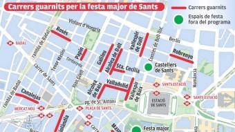 Mapa de carrers guarnits de la festa major de Sants