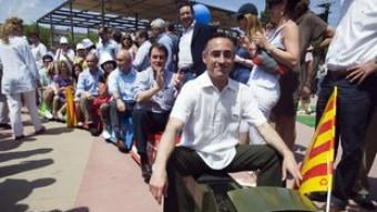 Ramon Tremosa, Artur Mas, Josep Antoni Duran i Lleida i Josu Erkoreka, en un trenet símbol del que defensa CiU per al corredor mediterrani.  GABRIEL MASSANA