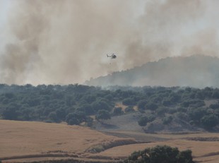 Mitjans aeris lluitant contra el foc d'Oliola, aquesta tarda.  DAVID MARÍN