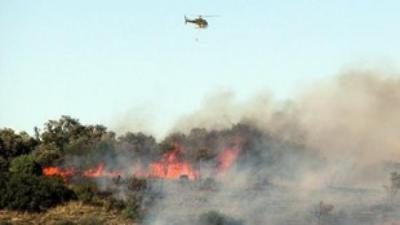 Un helicòpter treballa en l'extinció de l'incendi d'Agramunt, ahir al a tarda.  ORIOL BOSCH / ACN