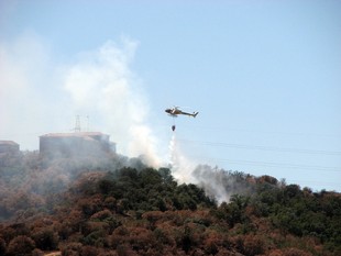 Un helicòpter sobrevola una zona afectada pel foc, ahir.  ACN