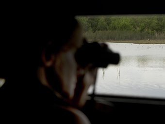Un aficionat observant aus des d'un dels punts de guaita dels Aiguamolls de l'Empordà, la setmana passada.  LLUÍS SERRAT