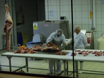 Un carnisser fa una demostració a l'IRTA de com s'especeja la carn a França.  I. BOSCH