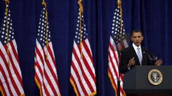 El president dels EUA, Barack Obama, va ser el primer a multiplicar les banderes en els seus discursos REUTERS / ARXIU