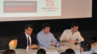 El candidat de SI, Joan Laporta, amb el número 3 per Barcelona, Uriel Bertran, avui a la UAB SOLIDARITAT CATALANA