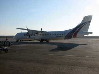 El primer vol de Pyrenair que va aterrar a l'aeroport de Lleida-Alguaire procedent de Madrid el passat 23 de gener. ACN