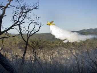 Un hidroavió sobrevola la zona boscosa on es va produir l'incendi al sector de les Gavarres LLUÍS SERRAT