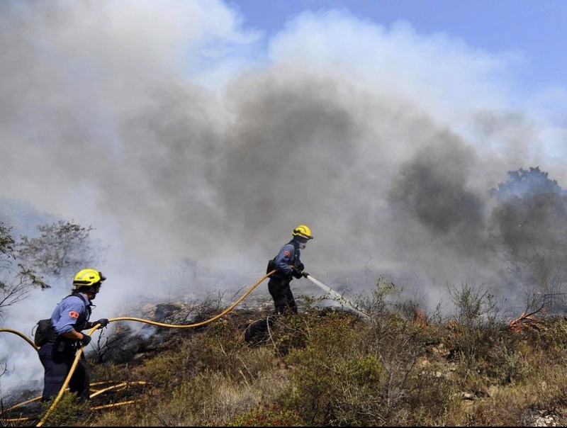 Els bombers treballant en les tasques d'extinció de l'incendi a Rabós d'Empordà EFE