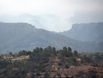 Una columna de fum s'eleva des de la serra de Cardó-Boix, el front més actiu de l'incendi de les Terres de l'Ebre ACN