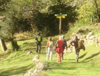 Uns excursionistes seguint els senders amb els característics retols de color groc de la xarxa Itinerànnia EL PUNT AVUI