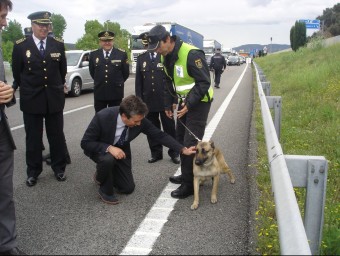 Ignacio Cosidó agenollat amanyaga un dels gossos que treballen amb la policia al controls que munten a diari arran de la frontera. TURA SOLER