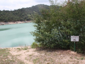 Una senyal marca ‘Prohibit banyar-se' en una zona del pantà de Darnius ACN