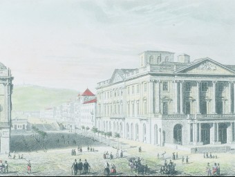 La Llotja i el passeig d'Isabel II en un gravat del 1842. 