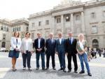 D'esquerra a dreta Carina Mejía (C'S), Ada Colau (BComú), Alberto Fernández Díaz (PP), Xavier Trias (CiU), Jaume Collboni (PSC), Alfred Bosch (ERC) i Maria José Lecha (CUP) ANDREU PUIG