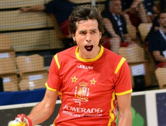 Jordi Bargalló celebra un dels tres gols que va marcar en la semifinal del mundial RFEP