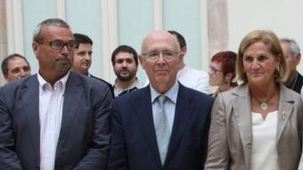 Els expresidents del Parlament Ernest Benach, Joan Rigol i Núria de Gispert, durant la recepció que la cambra catalana va fer a l'ANC la Diada de l'Onze de Setembre de l'any passat