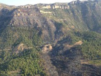 Vista aèria d'una àrea afectada per l'incendi, aquest diumenge al matí BOMBERS DE LA GENERALITAT