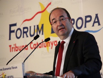 El candidat del PSC, Miquel Iceta, aquest dijous durant la seva intervenció als esmorzars del Forum Europa ACN