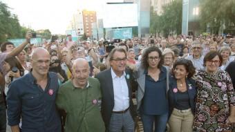 Raül Romeva, Germà Bel, Artur Mas i Marta Rovira, en un acte de Junts pel Sí aquest dilluns a Reus EFE