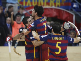 Gual, Panadero, Álvarez i Ordóñez celebren un dels gols de dissabte al Palau ORIOL DURAN