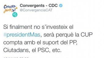 La piulada de CDC, publicada aquest dilluns a la nit, ha estat esborrada EL PUNT AVUI