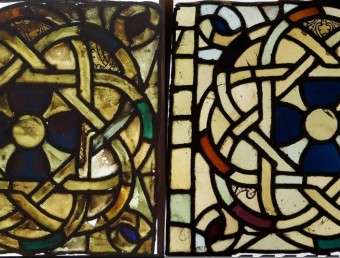 Els vitralls, a l'esquerra, abans de la restauració i un cop intervinguts, a la dreta EPN