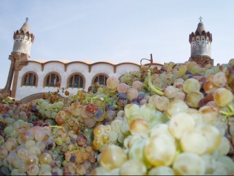 Raïm davant del celler cooperatiu de Gandesa, un edifici modernista. ARXIU