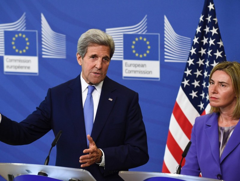 John Kerry i Federica Mogherini durant la roda de premsa que van oferir ahir després de la seva trobada a Brussel·les JOHN THYS / AFP