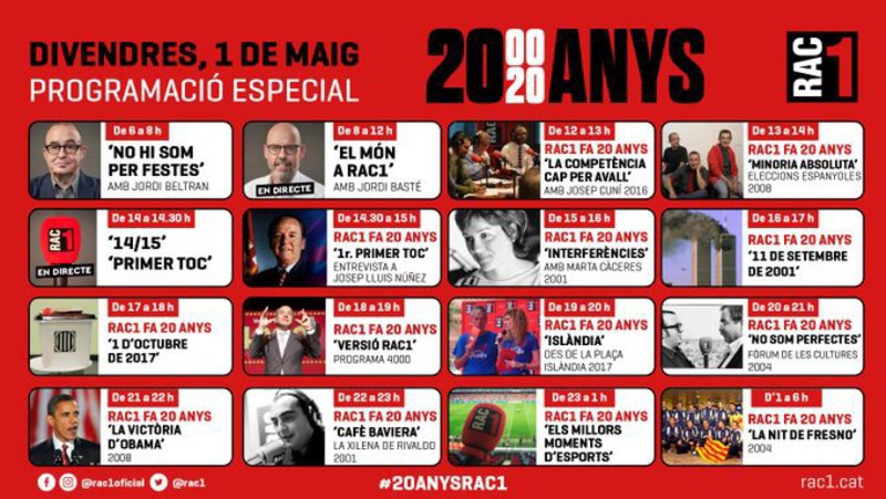 RAC1 celebra 20 anys i programa una graella especial per l'1 de maig | ACN  | barcelona | Comunicació | El Punt Avui