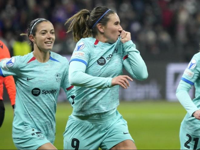 Mariona celebra un gol amb el Barça en la Champions