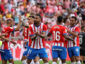 Yangel Herrera i els seus companys, eufòrics després de fer un gol al Mallorca a Montilivi