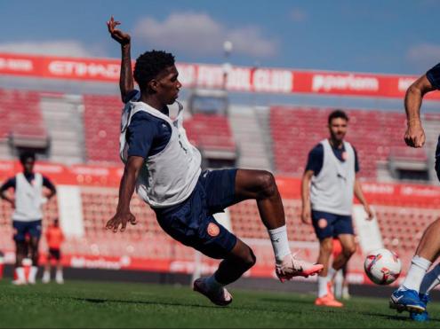 Yáser Asprilla, en l’entrenament d’ahir a Montilivi previ al partit d’avui contra l’Athletic Club