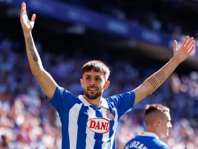 Jofre Carreras celebra el seu gol d’ahir a l’RCDE Stadium contra el Mallorca